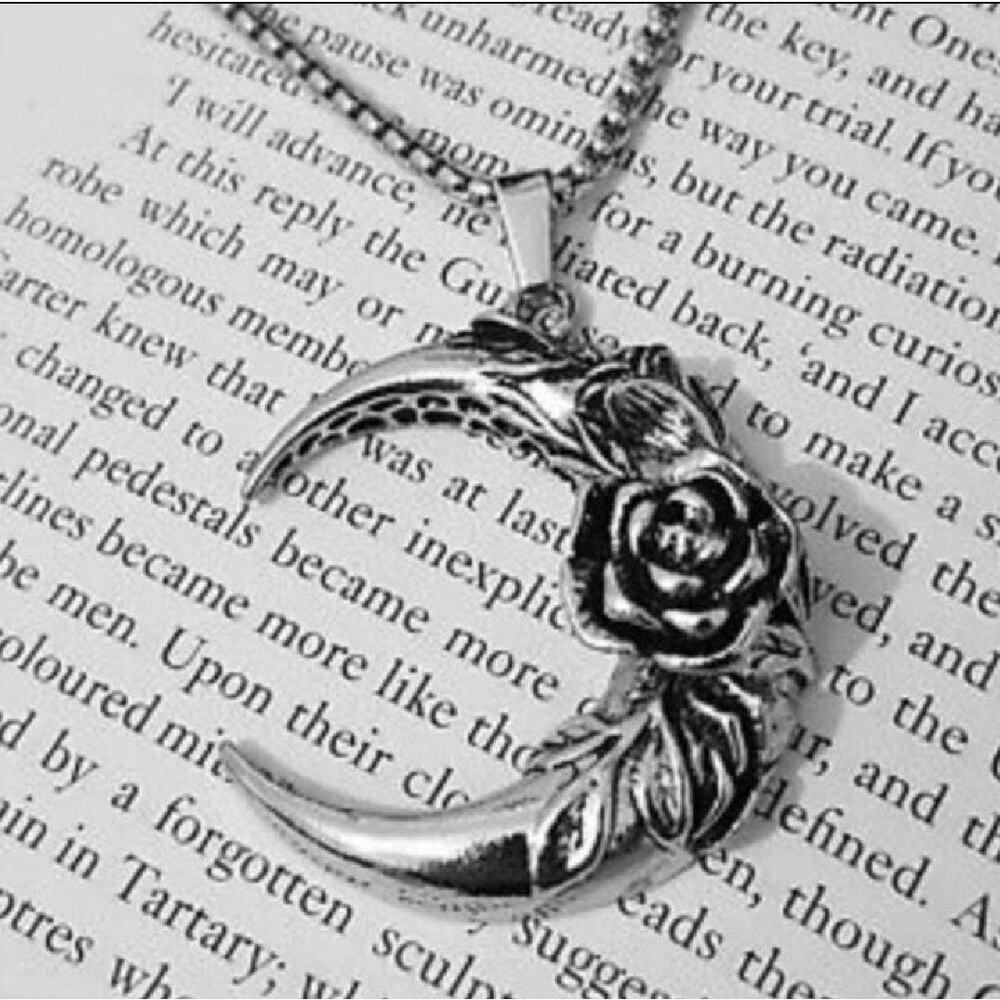 Silver Goth Crescent Rose Moon Chain Necklace - Picture 3 of 4